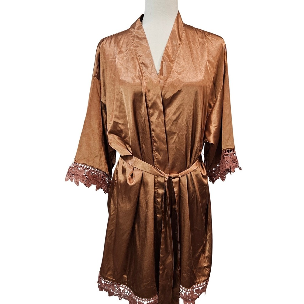 Birdy Grey Claudine Bronze Satin Kimono Robe Lace Trim‎ Luxury Medium Large